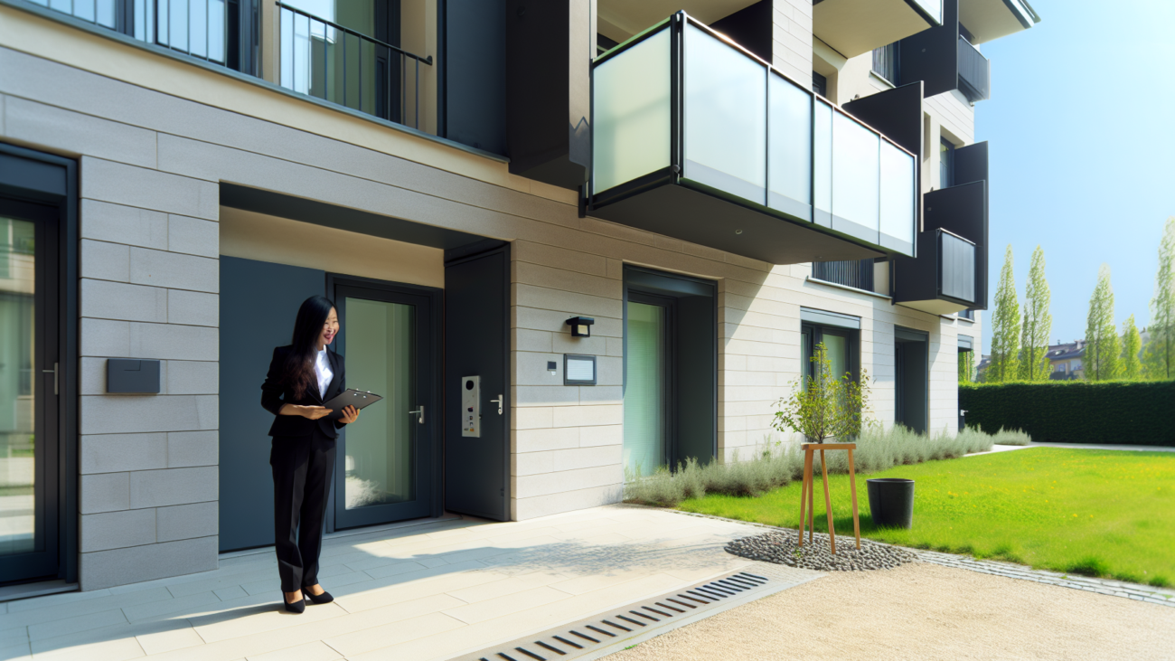 Facciata di un condominio italiano con amministratore che gestisce documenti assicurativi