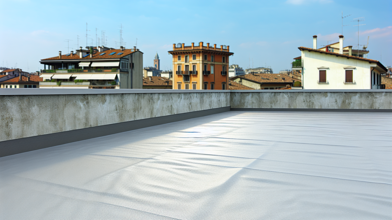 Lastrico solare di un condominio italiano con manto impermeabilizzante, vista aerea con paesaggio urbano sullo sfondo