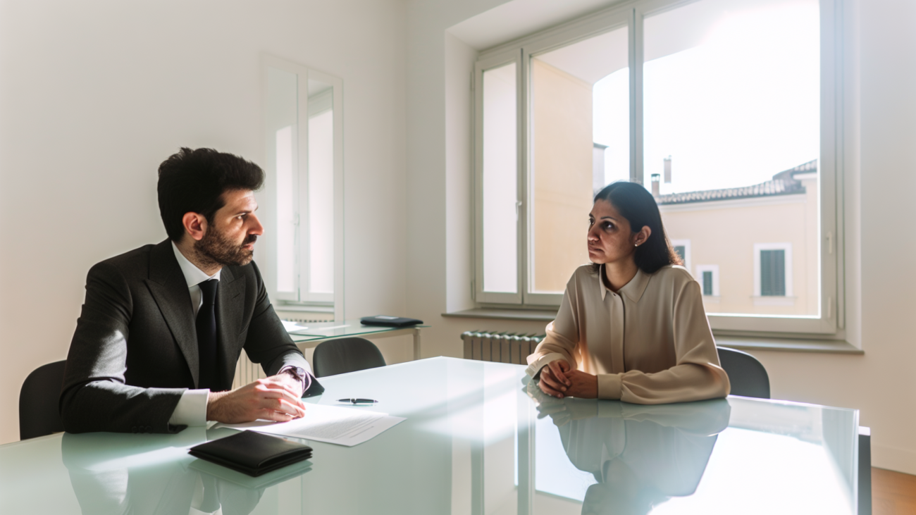 Due persone sedute a un tavolo durante una procedura di mediazione condominiale in uno studio professionale italiano