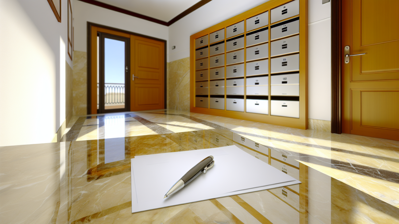Ingresso di condominio italiano con documento legale in primo piano, tema morosità condominiale