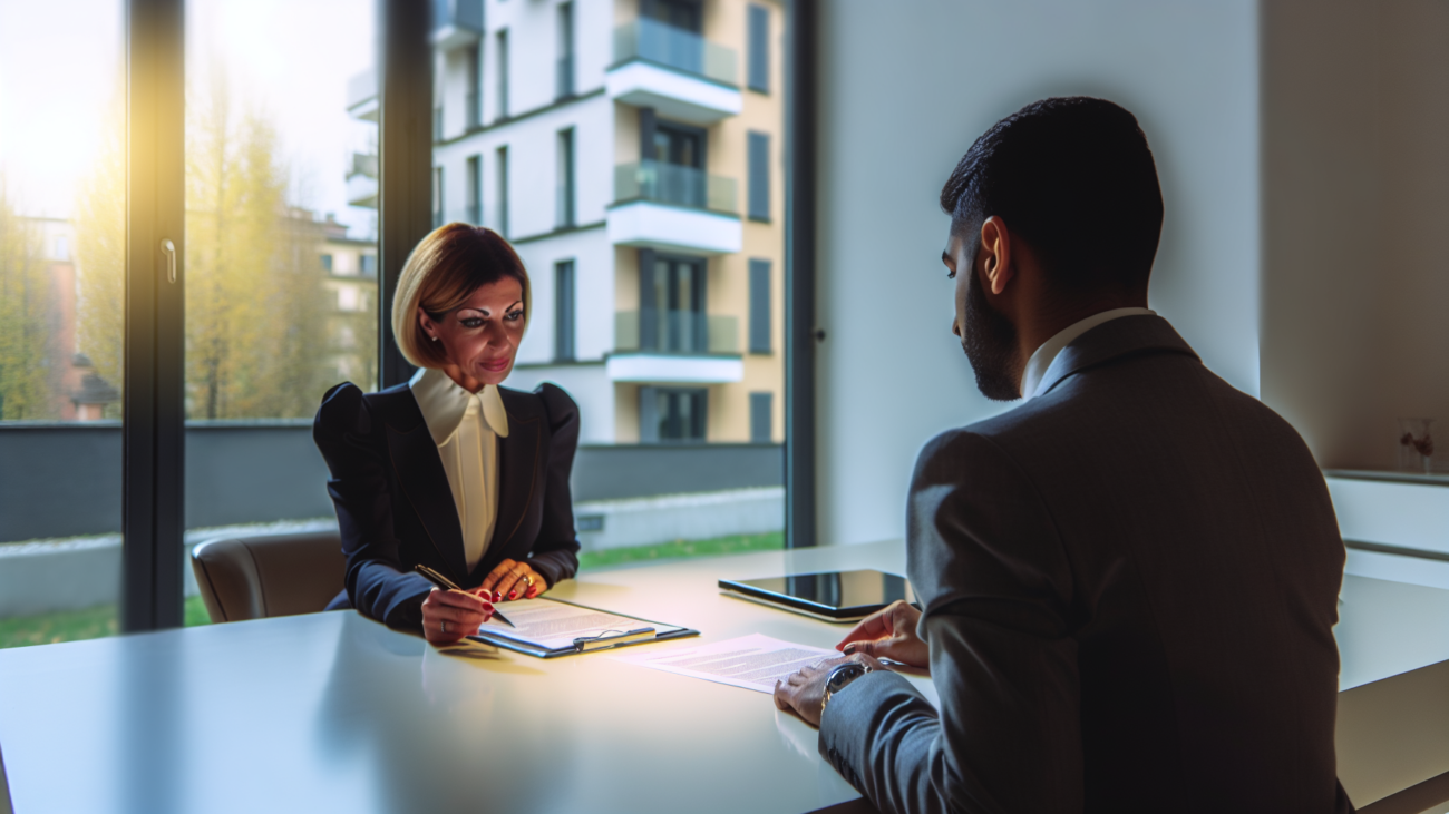 Proprietario e inquilino esaminano un contratto di locazione con edificio condominiale sullo sfondo