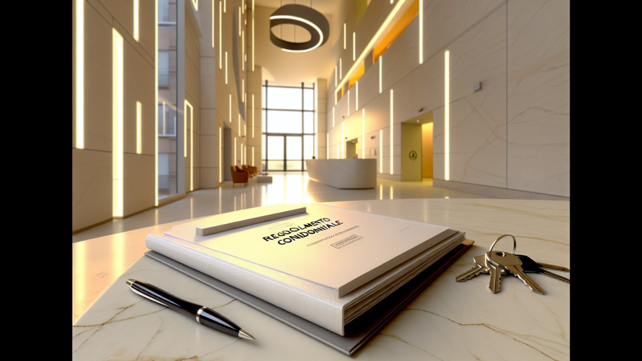 Regolamento condominiale su superficie marmorea con penna e chiavi in ingresso di condominio italiano