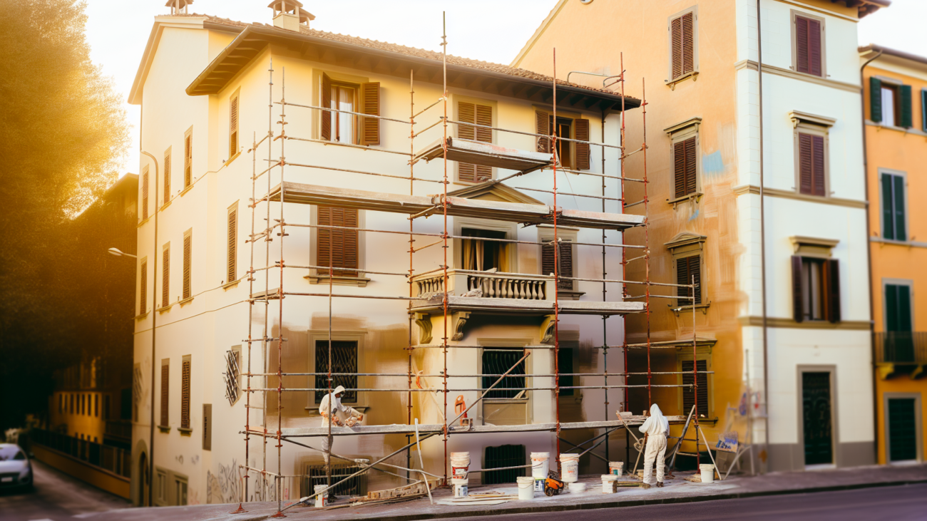 Rifacimento facciata condominiale con ponteggi su edificio residenziale italiano