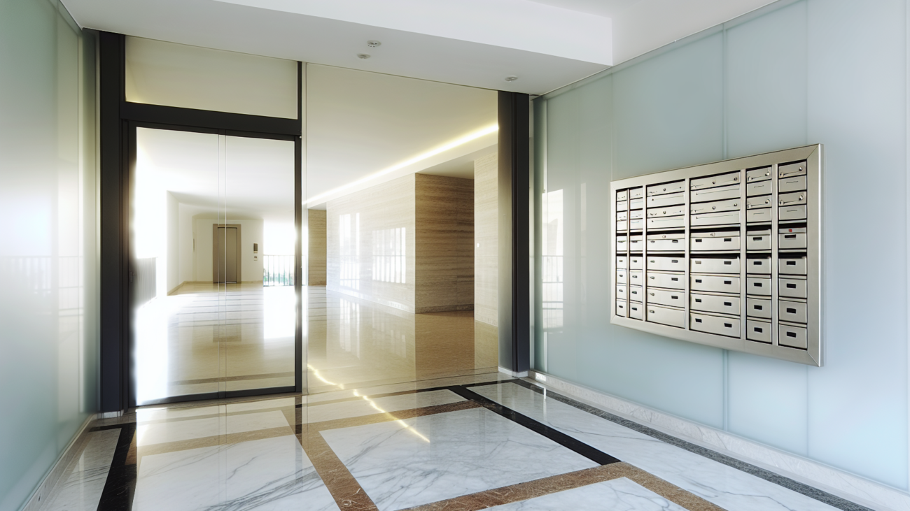 Ingresso di un condominio italiano con corridoio e scale comuni in marmo