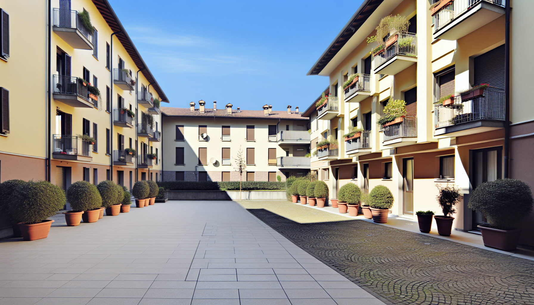 Cortile condominiale condiviso con pavimentazione e facciate residenziali
