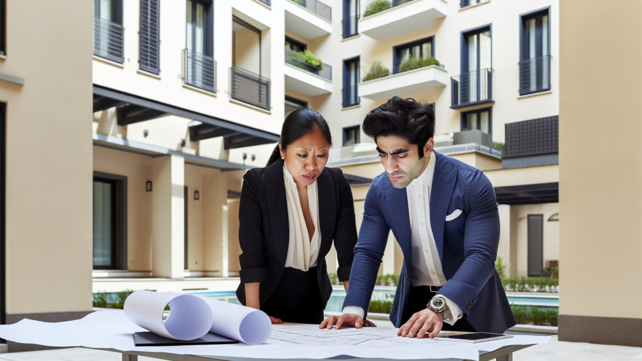 Amministratore condominiale e impresario esaminano preventivi per appalto condominiale