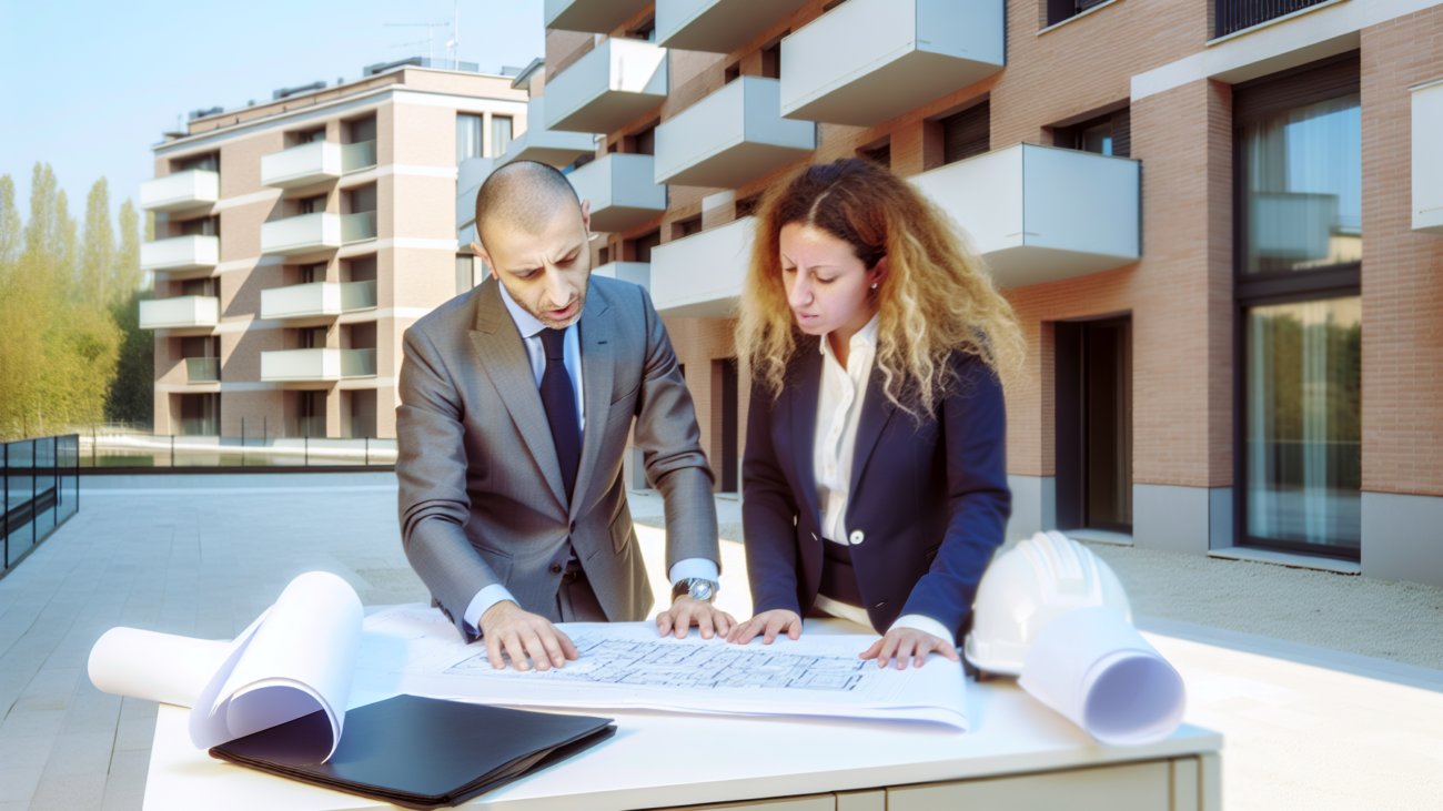 Amministratore condominiale e impresa appaltatrice che esaminano documenti davanti a un condominio italiano