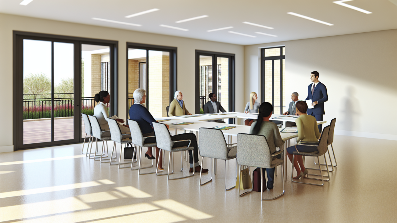 Assemblea condominiale in corso in una sala riunioni moderna con condomini seduti attorno a un tavolo