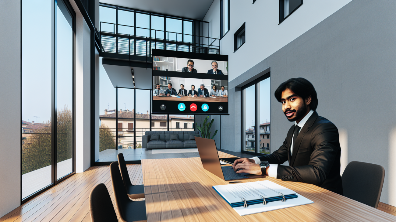 Assemblea condominiale in videoconferenza su schermo grande in sala riunioni professionale