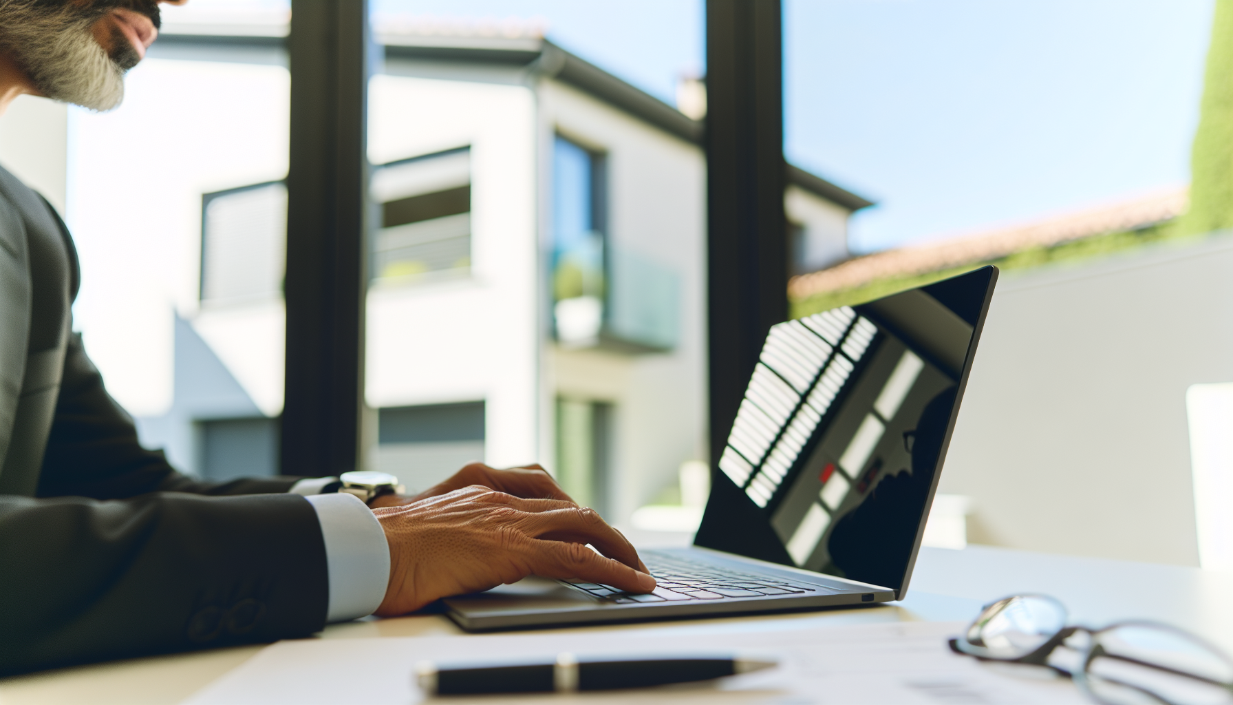 Amministratore condominiale al laptop durante assemblea in videoconferenza