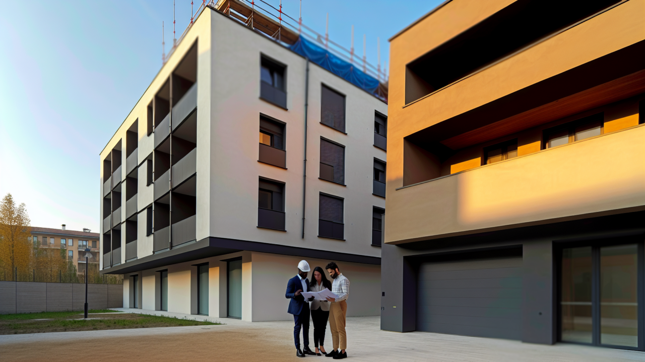 Condominio italiano in fase di ristrutturazione con bonus edilizi, amministratore e tecnici in primo piano