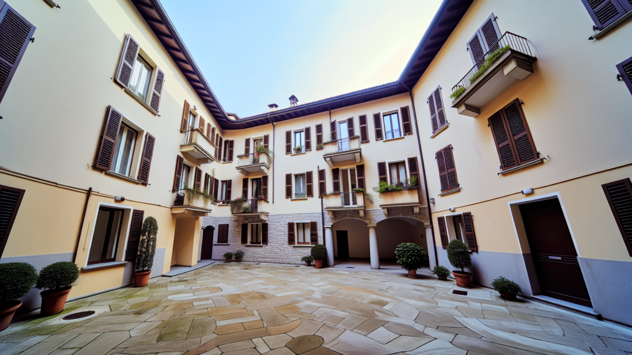 Cortile condominiale ben tenuto in un edificio residenziale italiano con pavimentazione in pietra e balconi