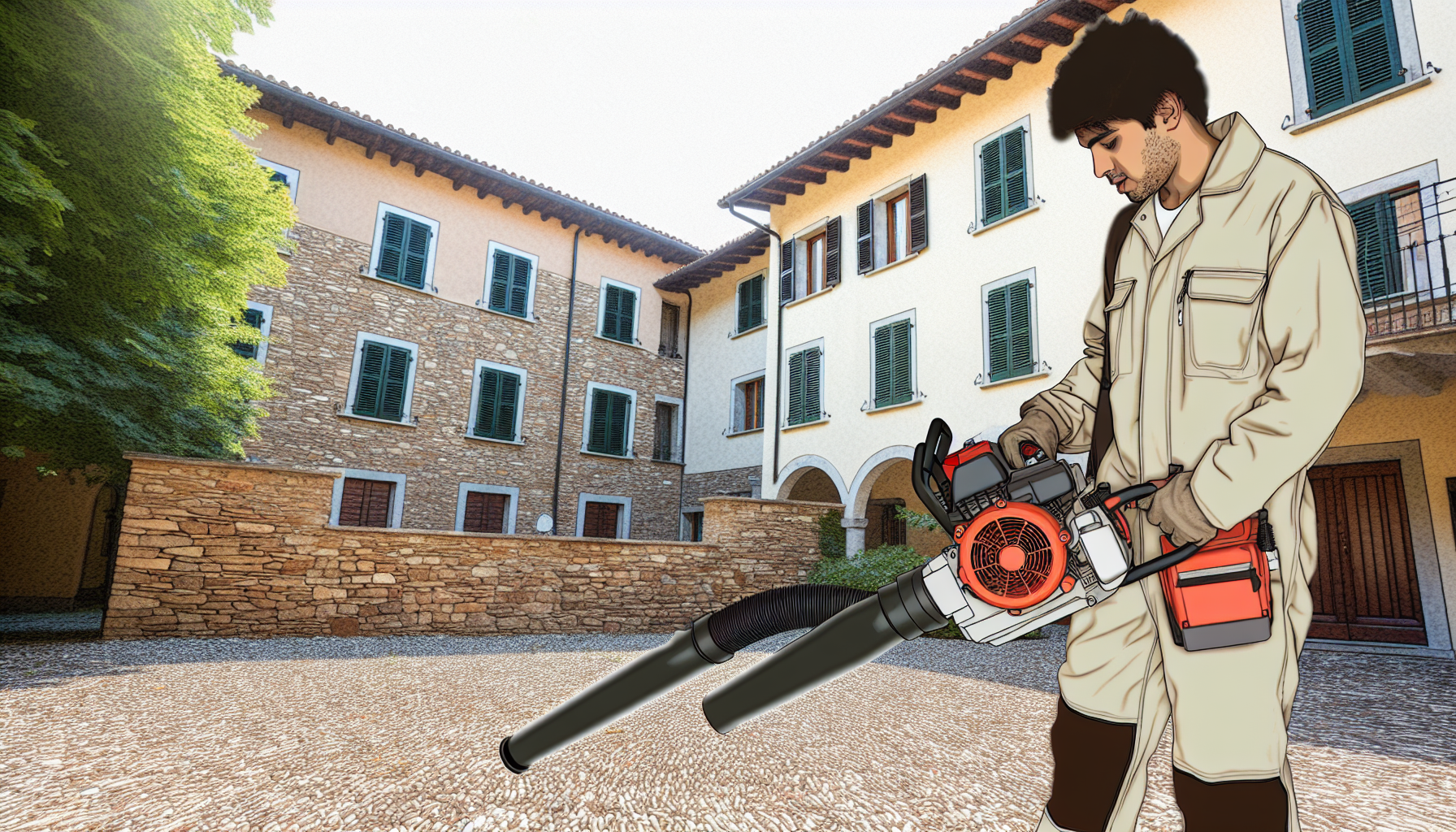 Operaio che esegue la pulizia ordinaria del cortile condominiale