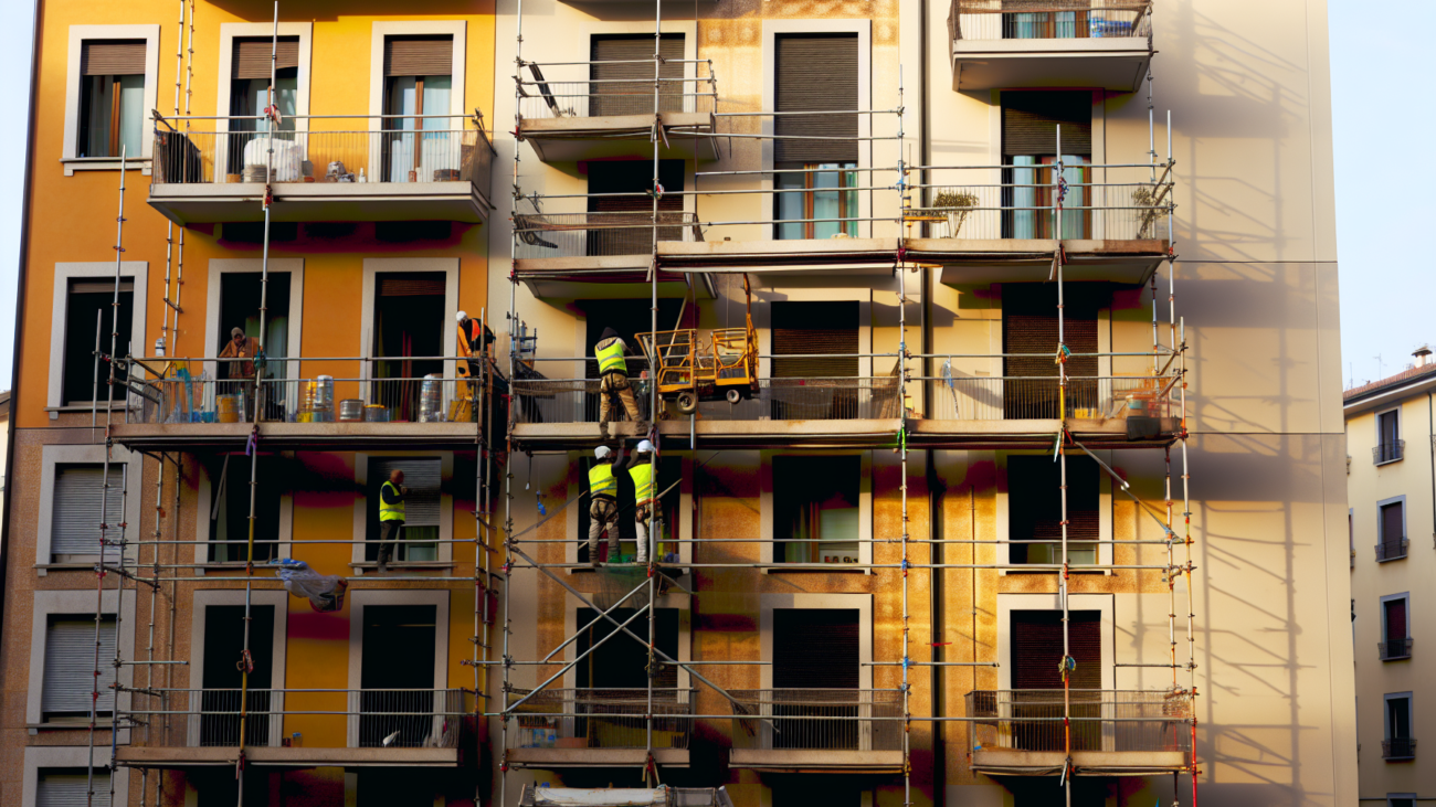 Lavori condominiali su facciata con ponteggio e operai: responsabilità per danni