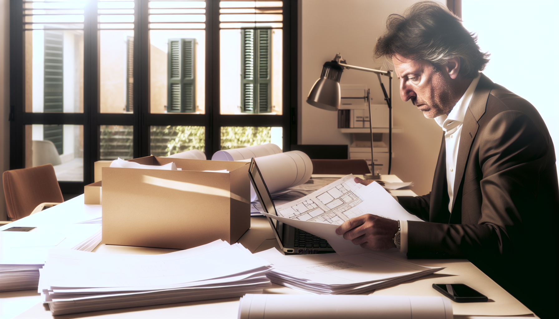 Amministratore di condominio esamina documenti relativi ad appalto di lavori condominiali
