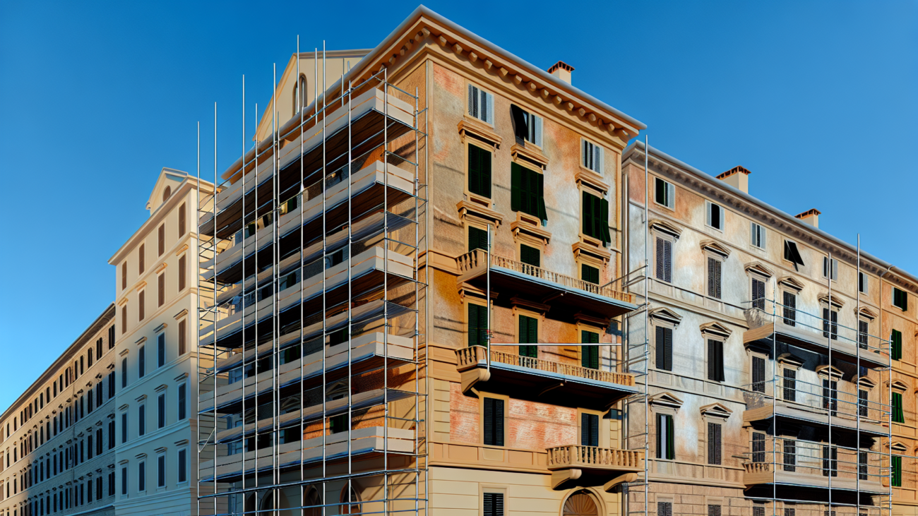 Condominio italiano con ponteggi per lavori di ristrutturazione e detrazioni fiscali