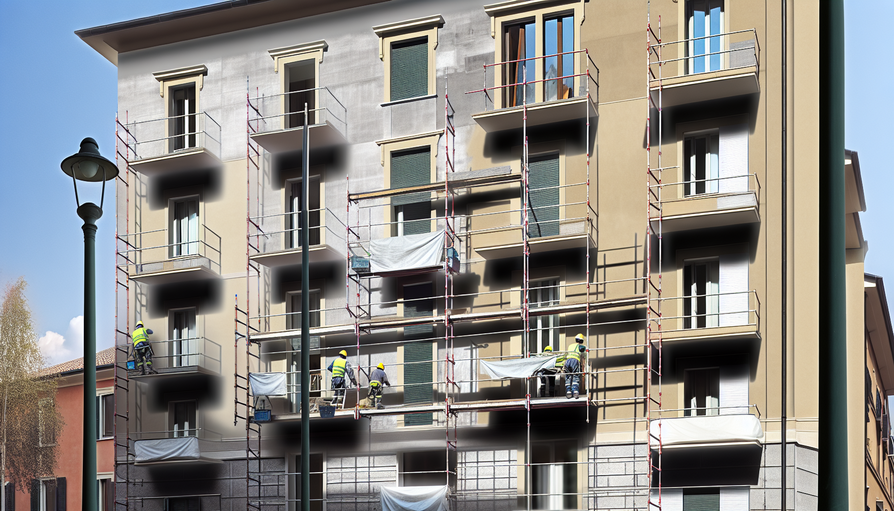 Facciata di condominio italiano con ponteggio durante lavori straordinari di manutenzione