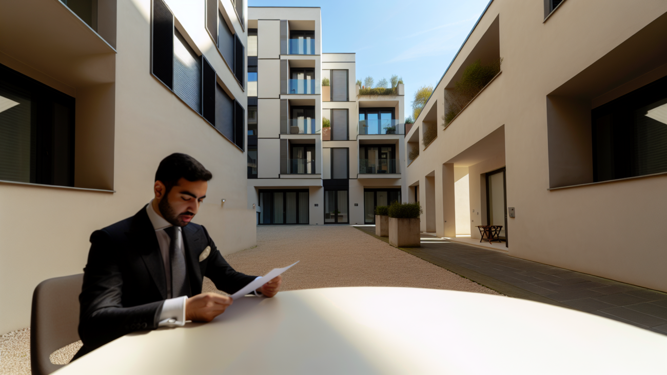 Amministratore condominiale esamina documenti nel cortile di un edificio residenziale italiano