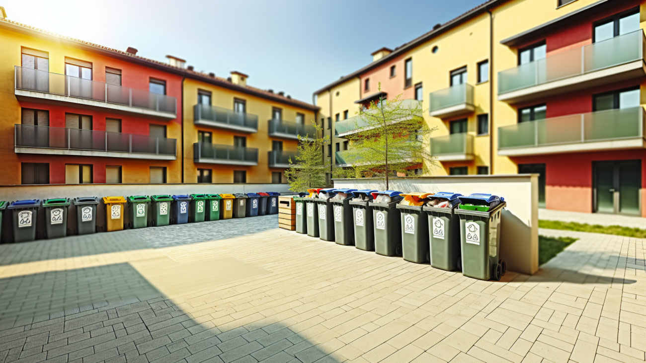 Area raccolta rifiuti differenziati in un condominio italiano ben organizzato
