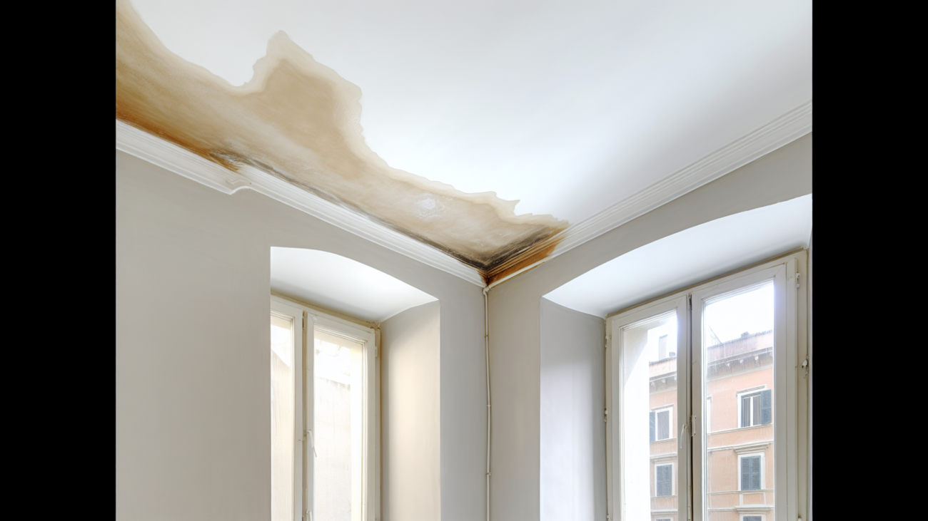 Soffitto di appartamento italiano con danni da infiltrazione d'acqua e intonaco che si stacca