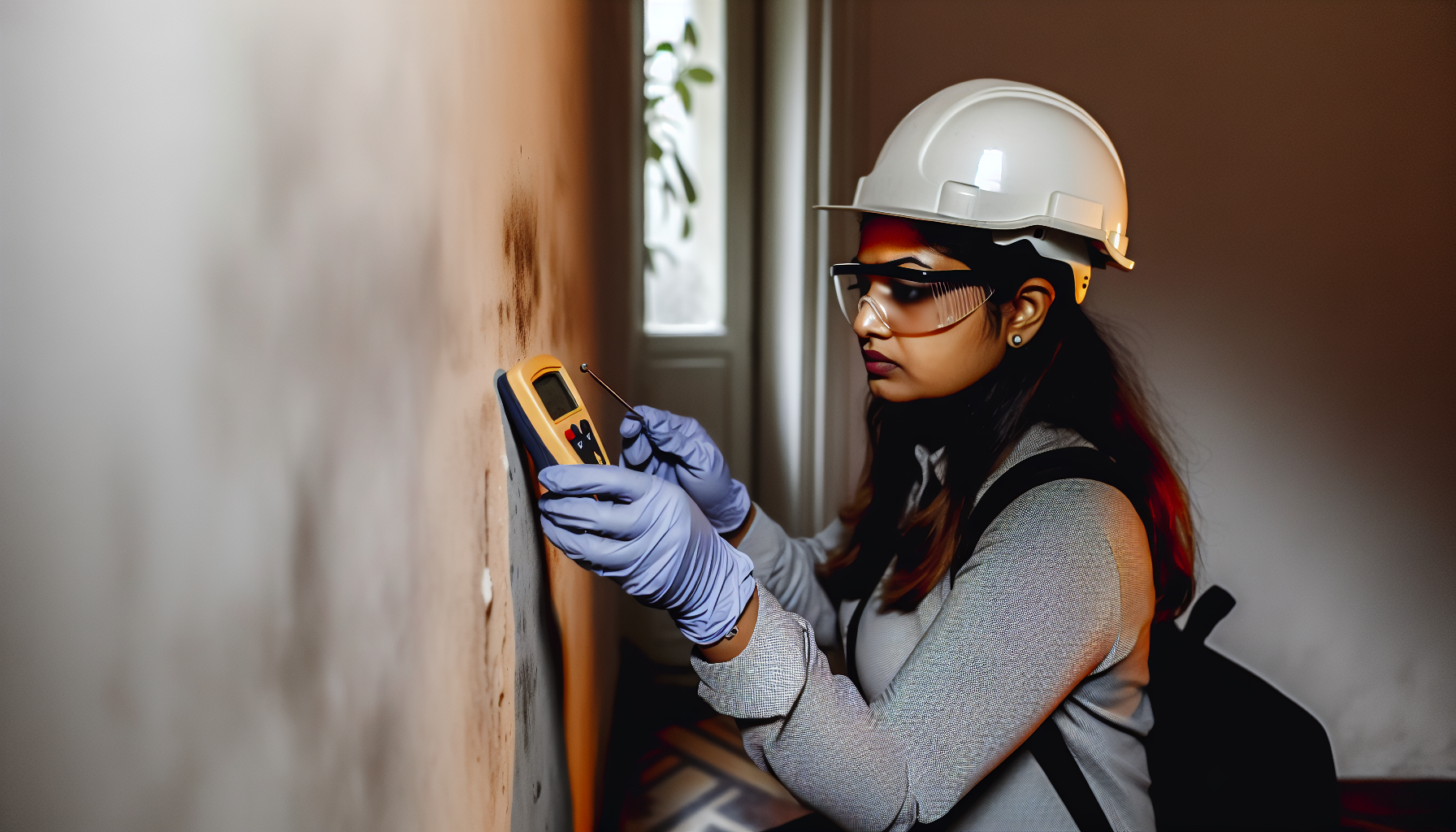 Tecnico edile che esegue perizia su muro umido in appartamento per infiltrazioni condominiali