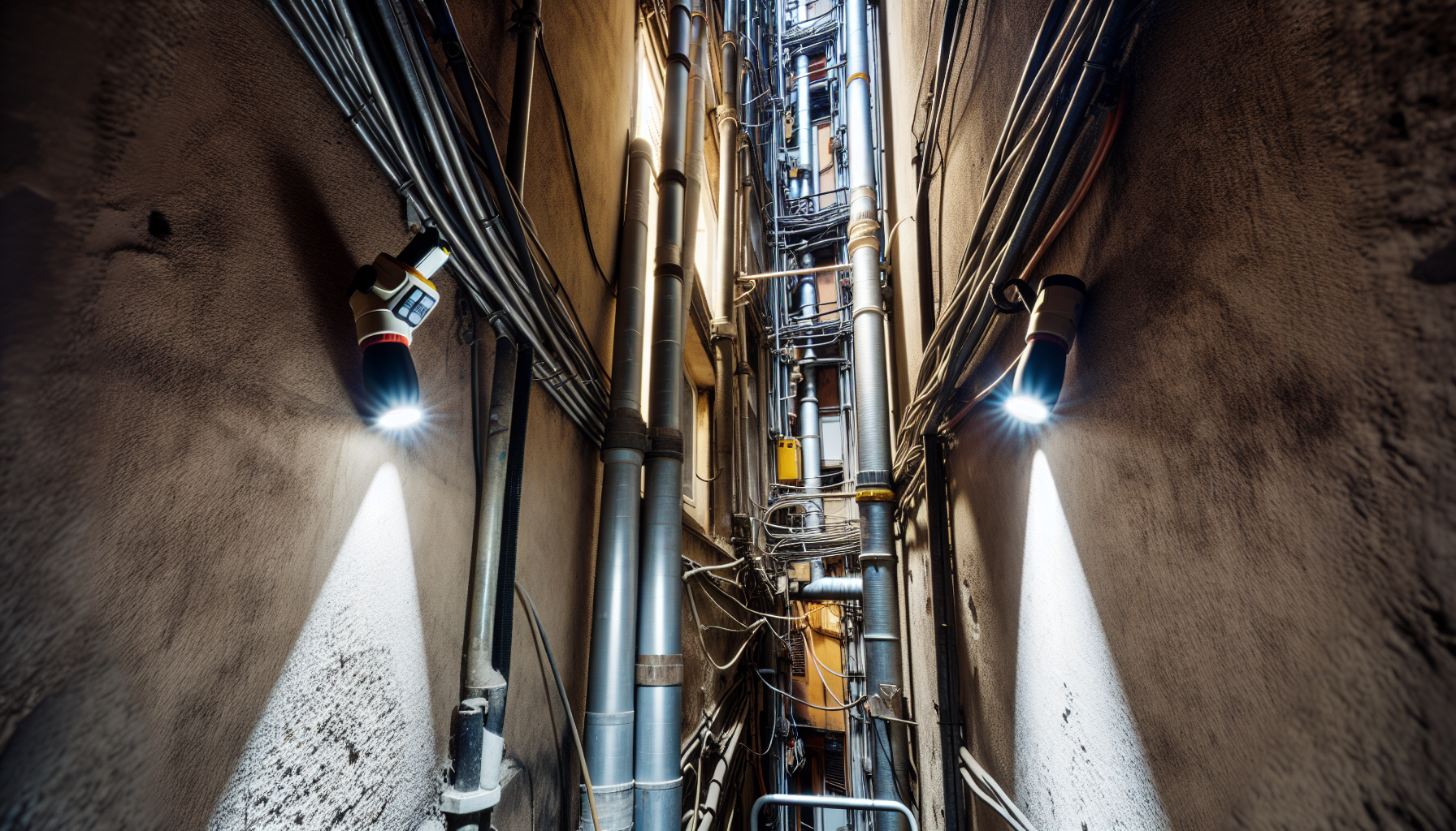 Cavedio condominiale con impianti e tubazioni visibili durante ispezione tecnica
