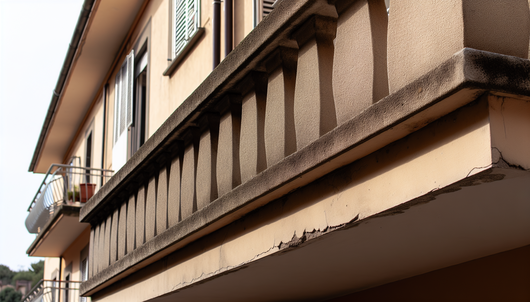 Balcone condominiale con segni di usura e necessità di manutenzione