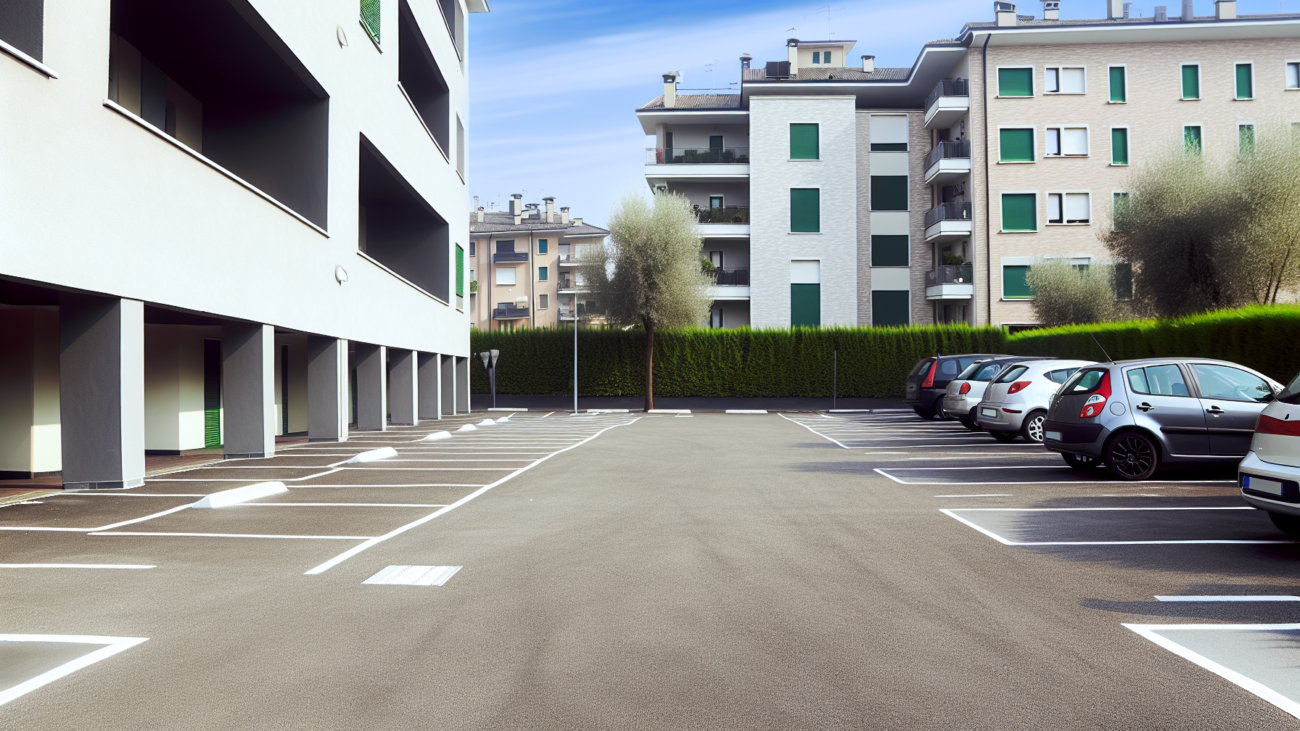 Area parcheggio condominiale con posti auto delimitati e condominio sullo sfondo