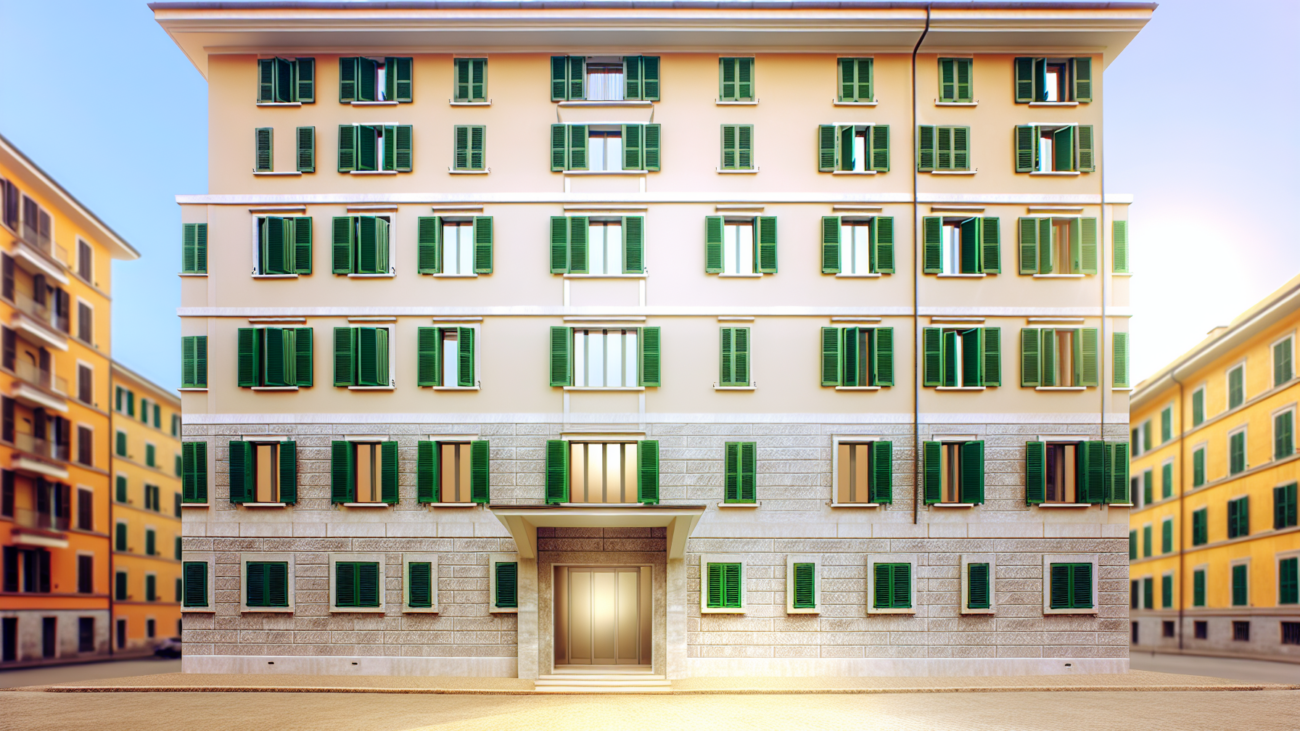 Facciata di un edificio condominiale italiano ben mantenuto, simbolo di tutela e gestione assicurativa del fabbricato