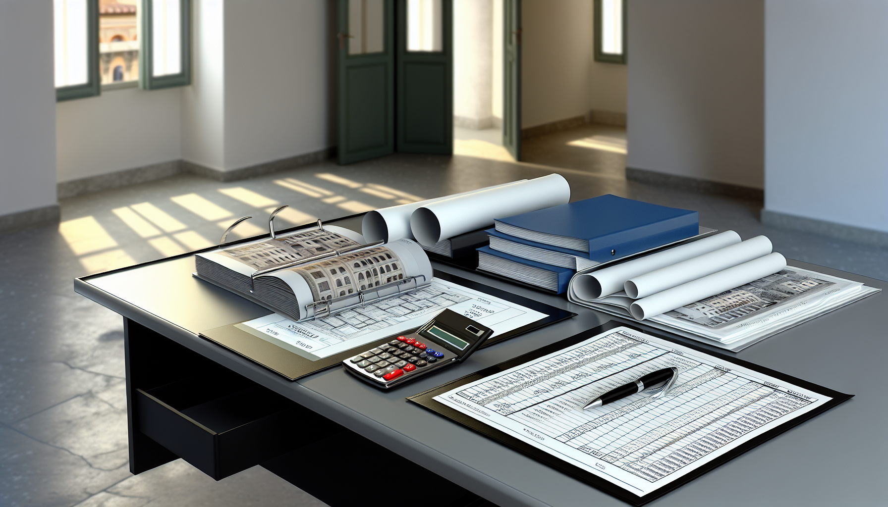 Documenti con tabelle millesimali e calcolo ripartizione spese condominiali su scrivania
