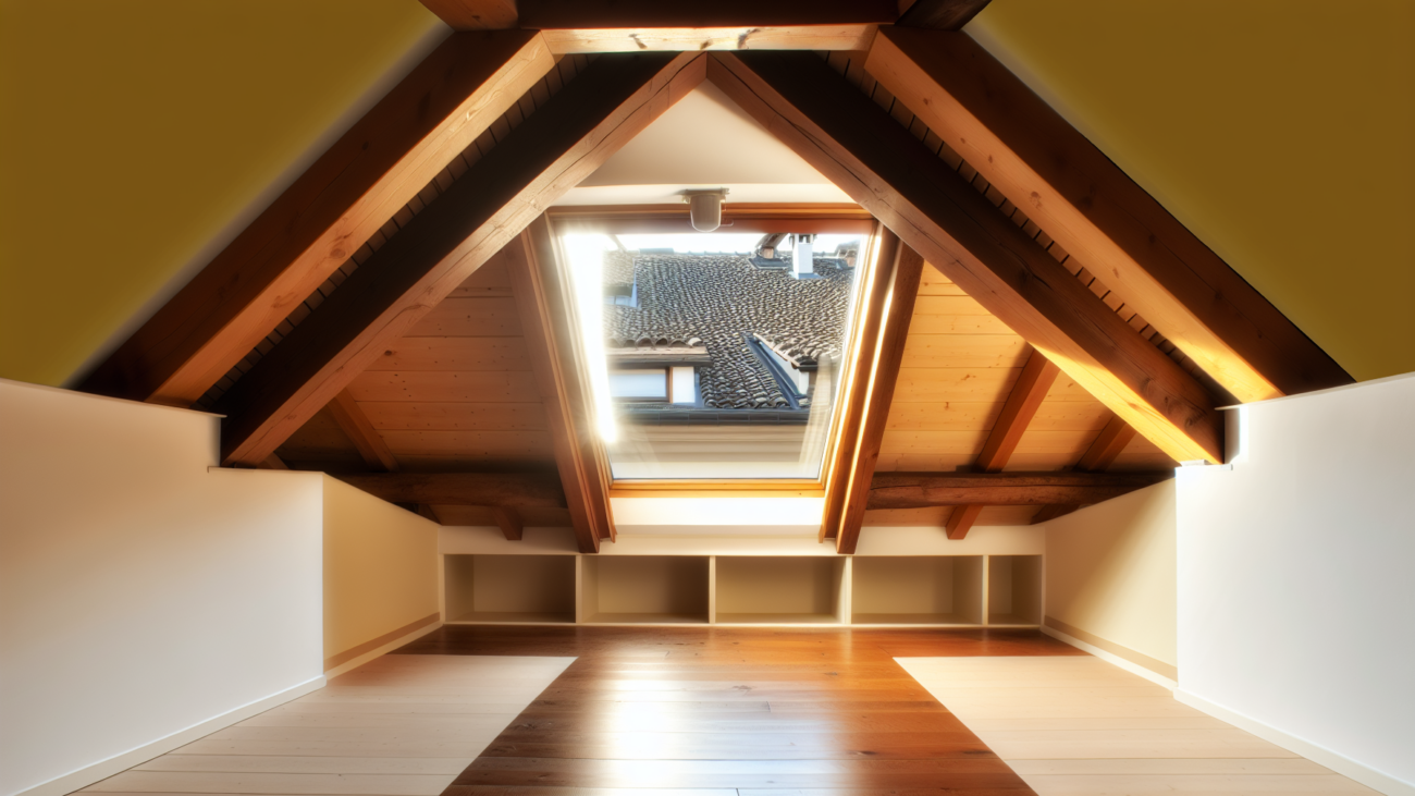 Sottotetto condominiale con travi in legno e lucernaio in un edificio italiano
