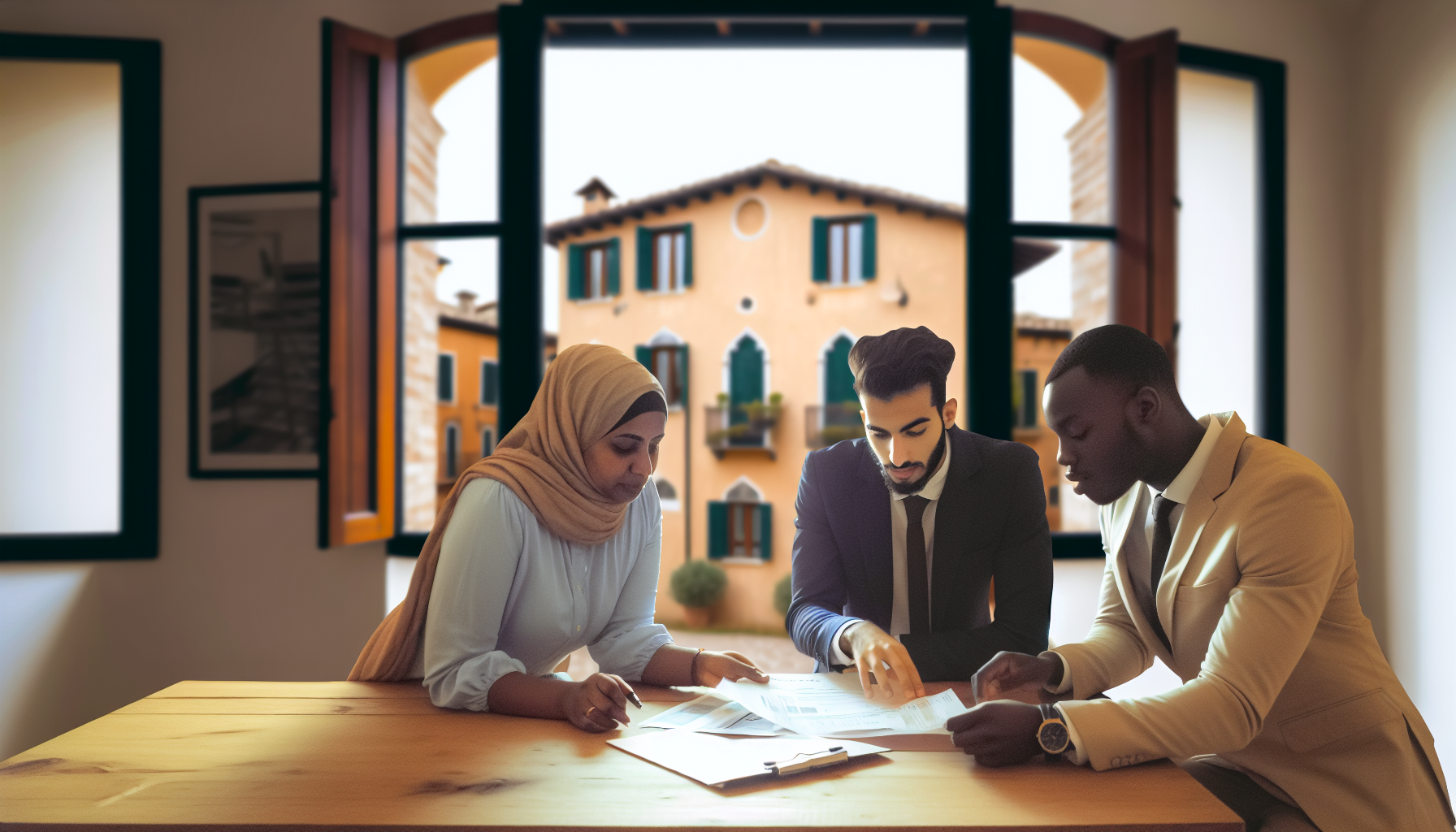 Amministratore di condominio e proprietari che analizzano preventivo per lavori straordinari
