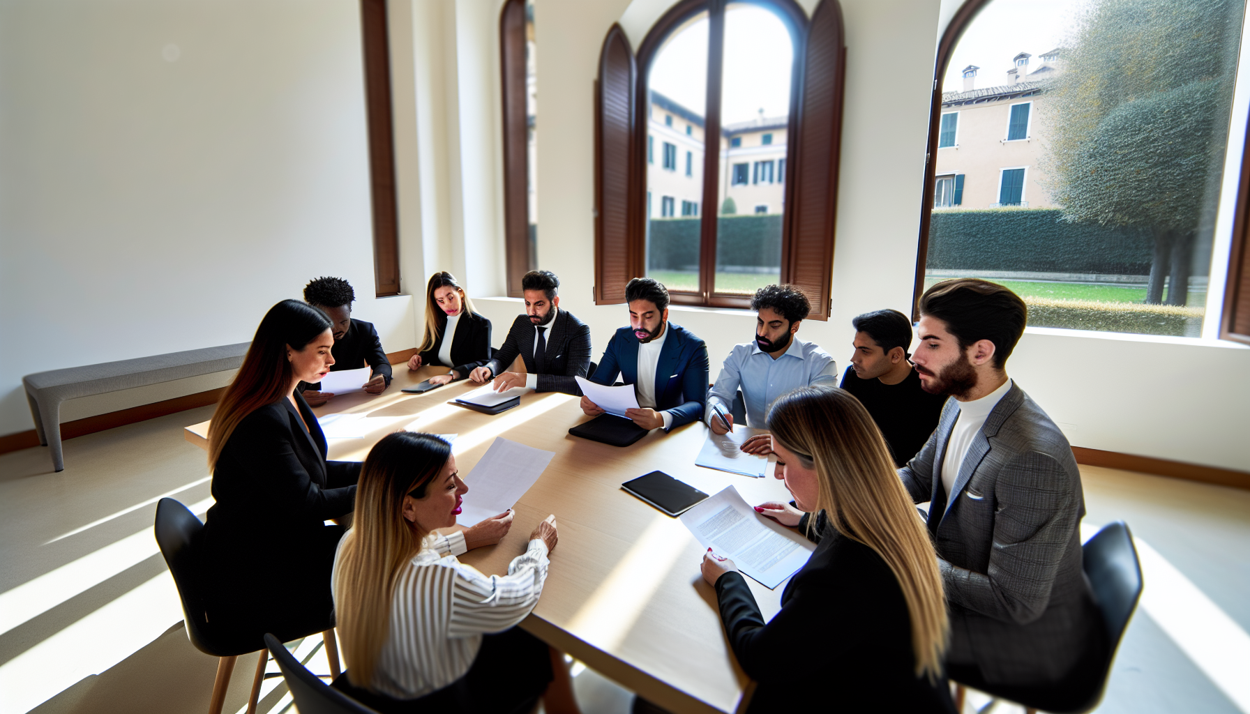 Assemblea del supercondominio con residenti e amministratore riuniti attorno a un tavolo
