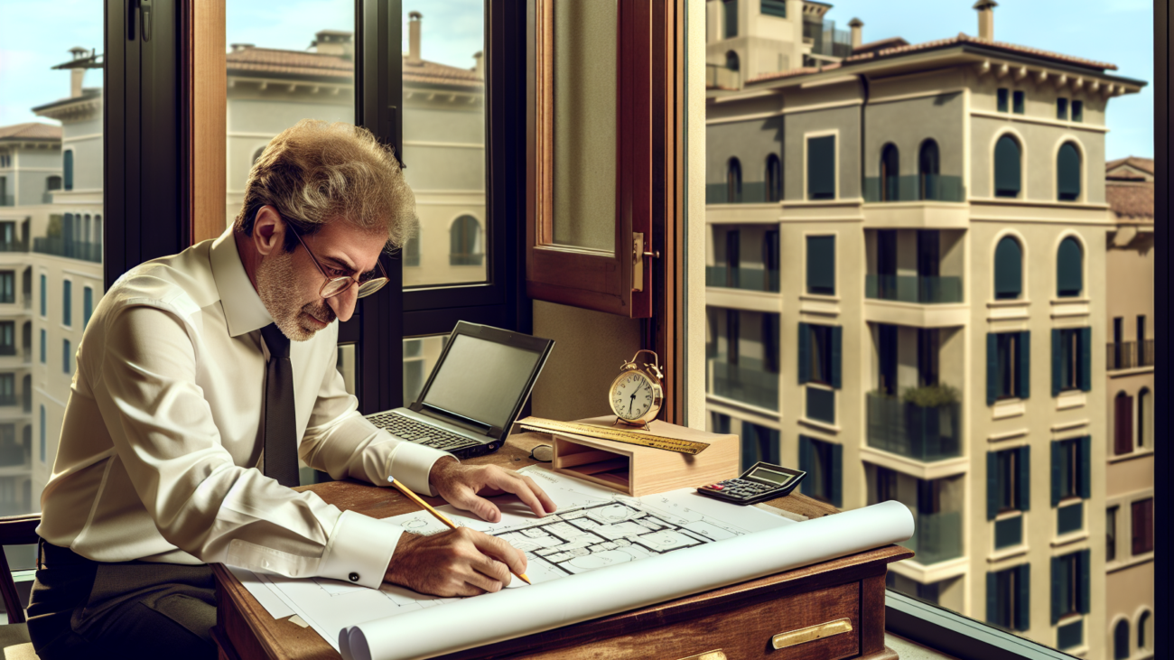 Tecnico che esamina le tabelle millesimali di un condominio italiano