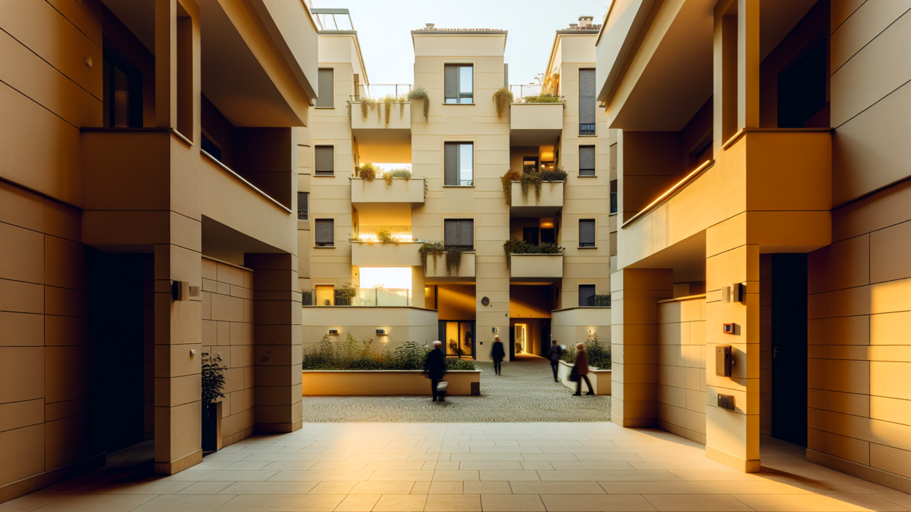 Cortile condominiale italiano con residenti che accedono alle parti comuni dell'edificio