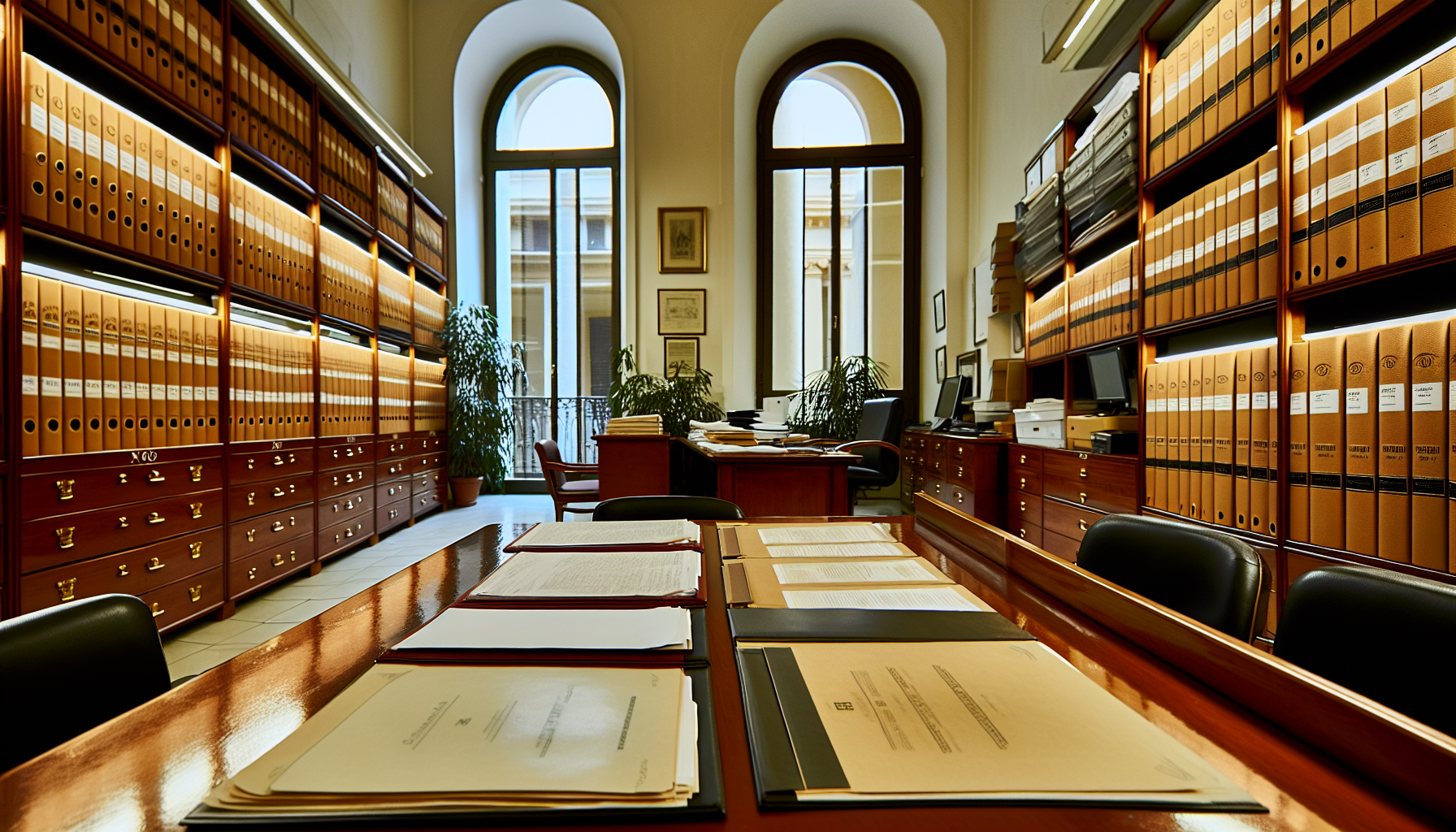 Sala riunioni di uno studio professionale con documenti condominiali per la procedura giudiziaria