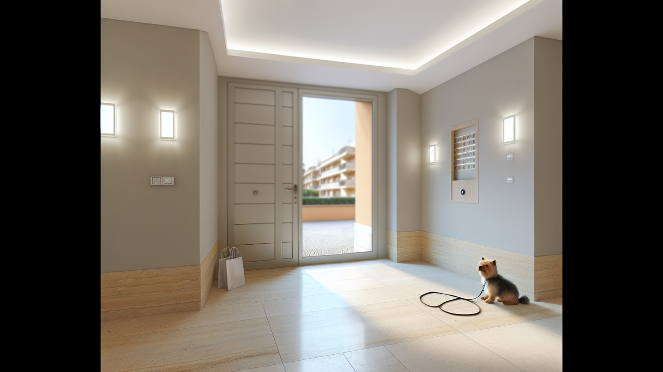 Cane al guinzaglio nell'ingresso di un condominio italiano - animali domestici in condominio regole e diritti