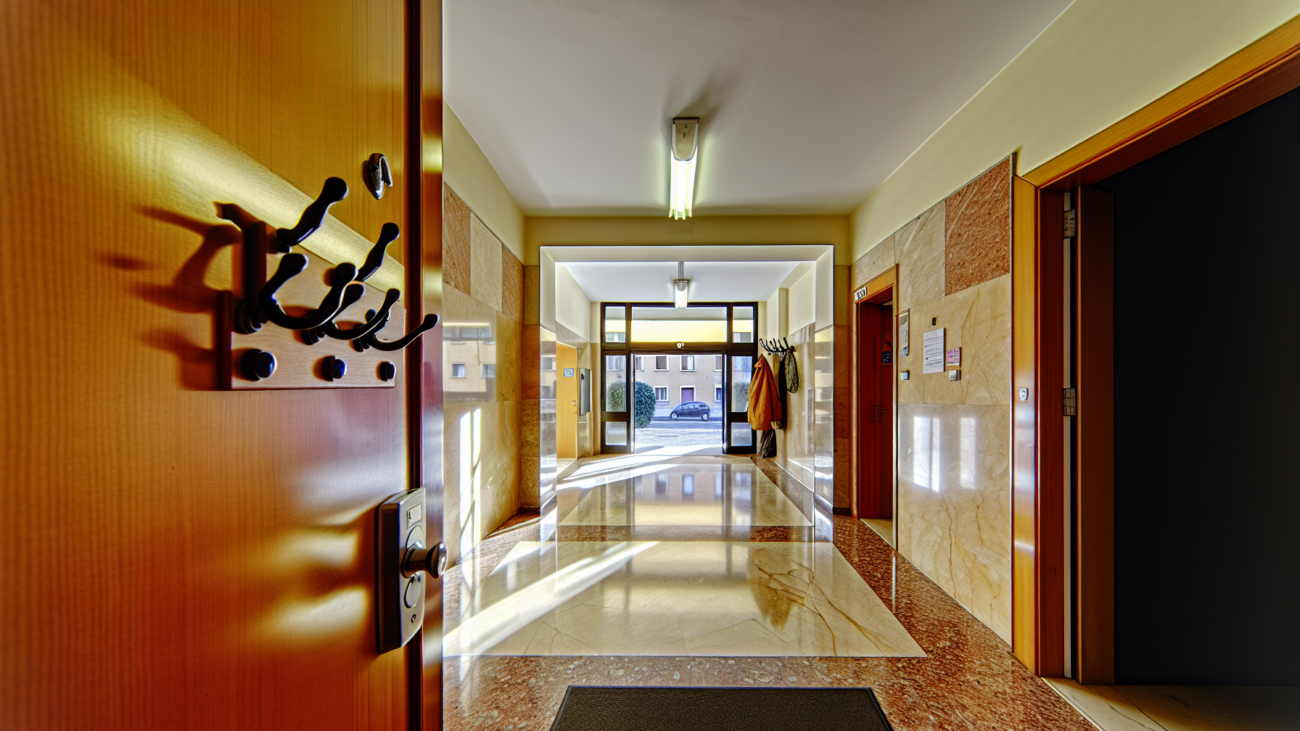 Ingresso di un condominio italiano con pavimento in marmo e gancio per guinzaglio vicino alla porta