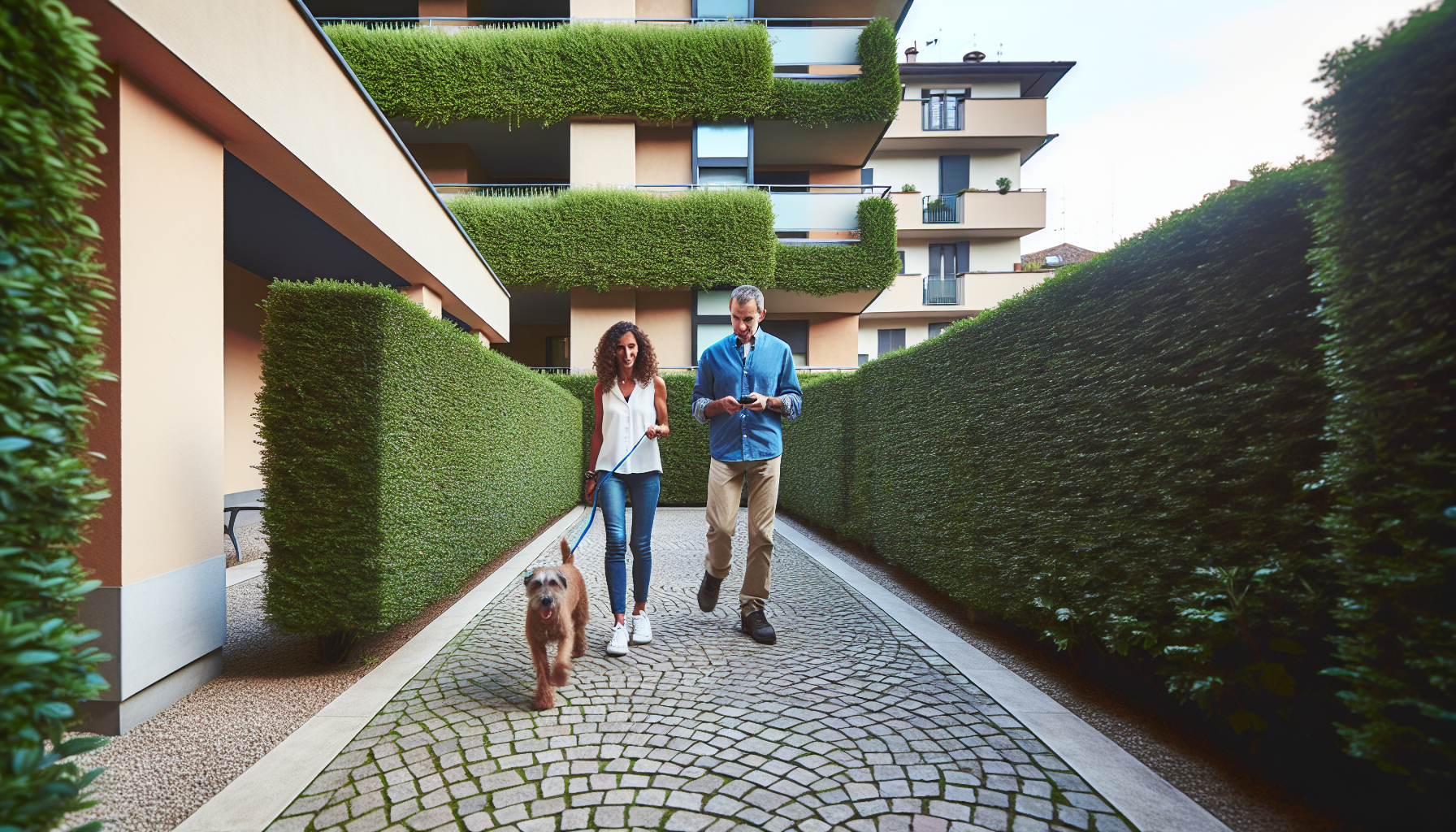 Proprietari di cani nel cortile condominiale di un edificio residenziale italiano