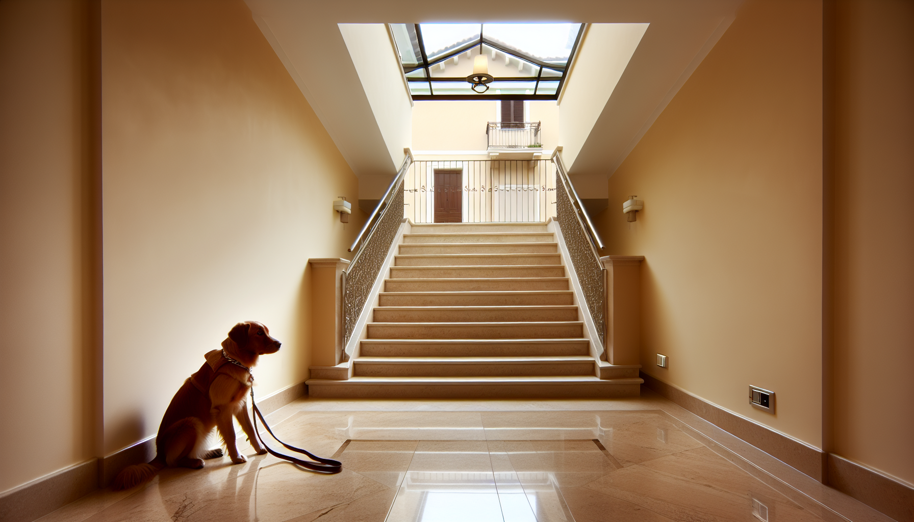 Cane al guinzaglio nelle scale condominiali di un edificio italiano