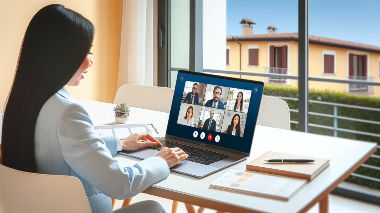 Amministratore di condominio che conduce un'assemblea condominiale in videoconferenza su laptop in ufficio