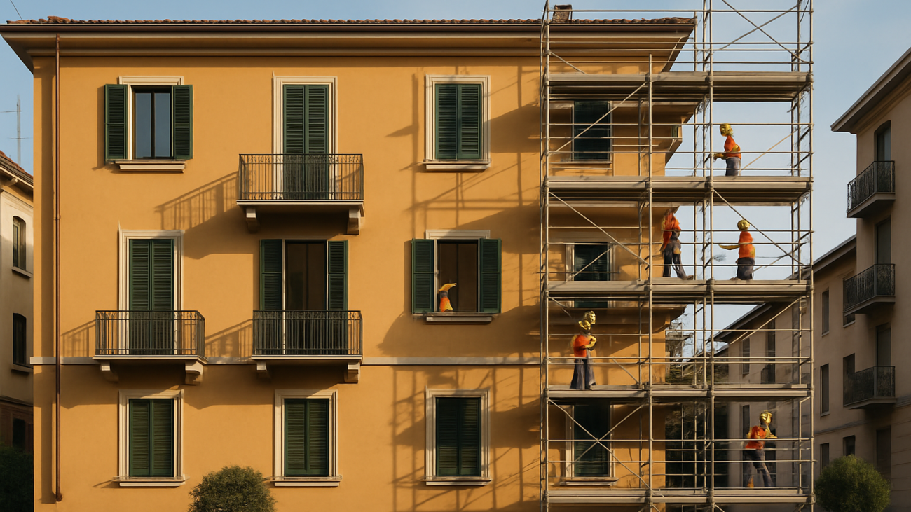 Condominio italiano con lavori di ristrutturazione in corso e ponteggi sulla facciata