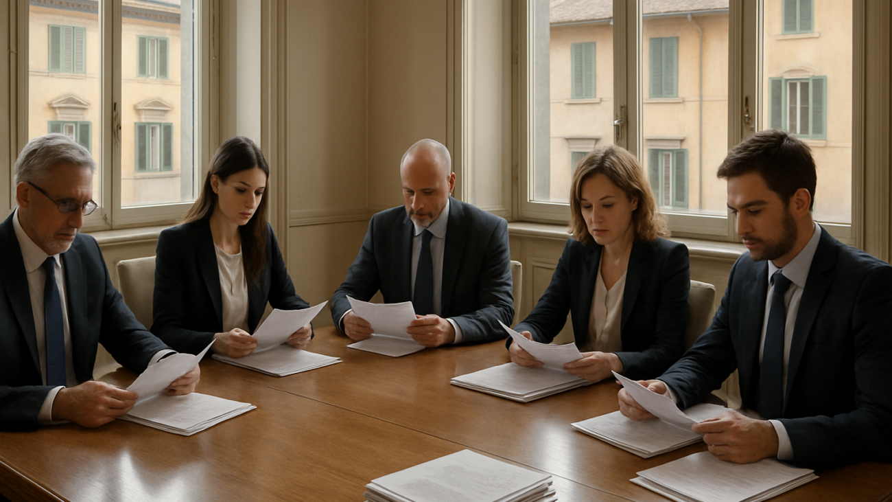 Assemblea condominiale italiana con condomini che esaminano documenti sulle spese comuni