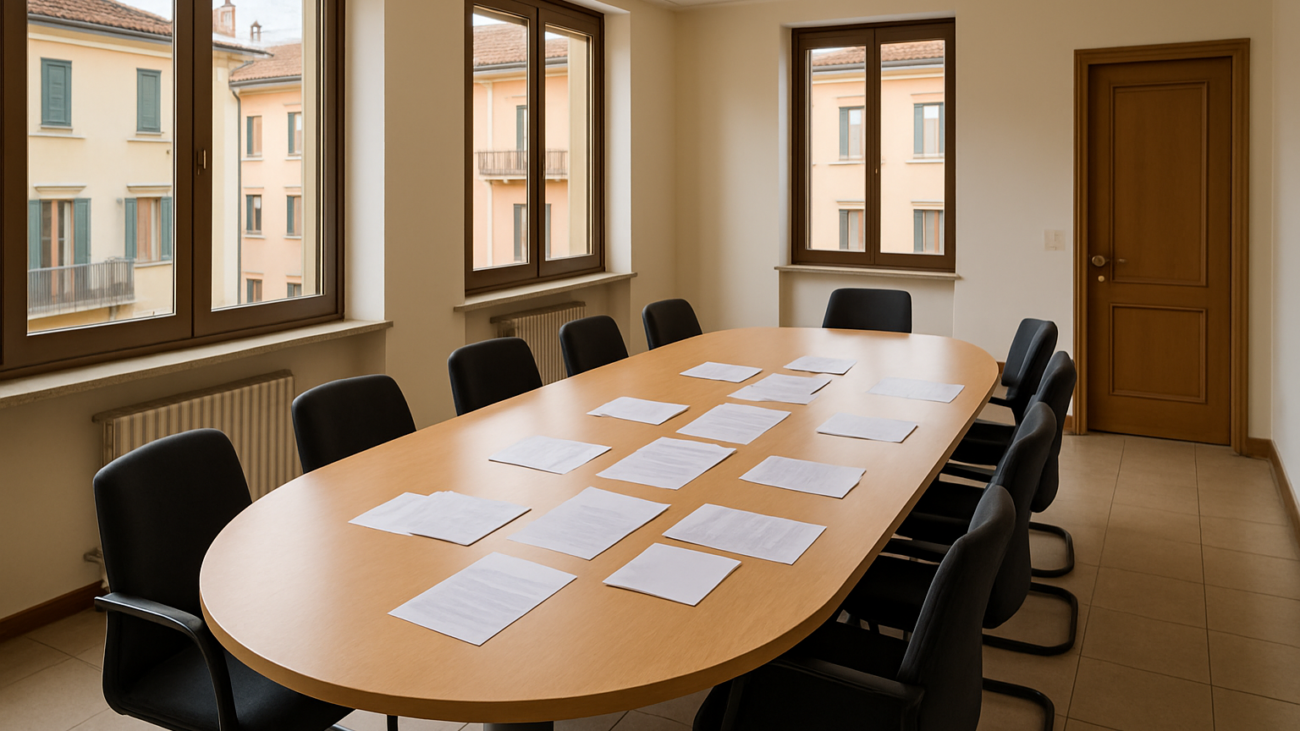 Sala riunioni condominiale con documenti sul tavolo, delibera assembleare