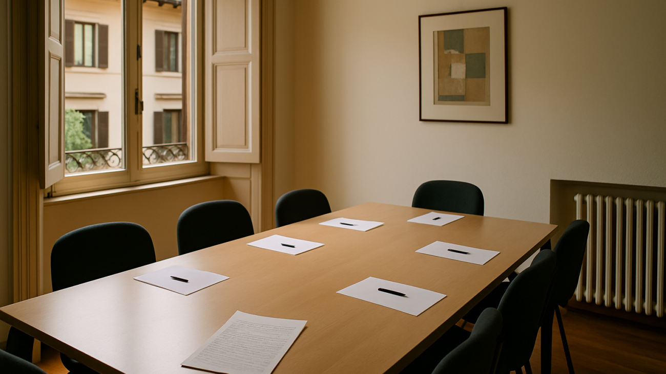 Sala riunioni condominiale con documenti sul tavolo durante un'assemblea