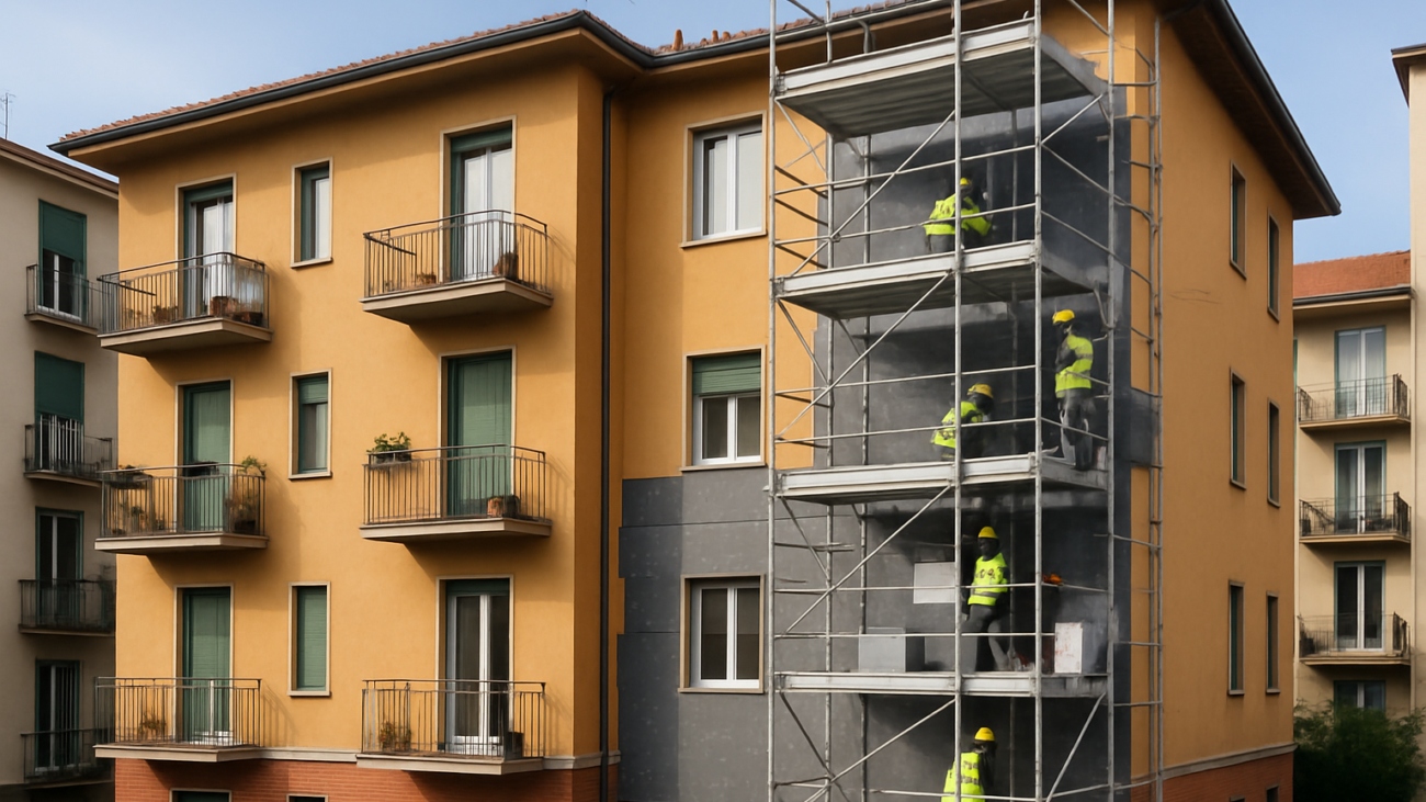 Lavori di efficientamento energetico su un condominio italiano con applicazione del cappotto termico