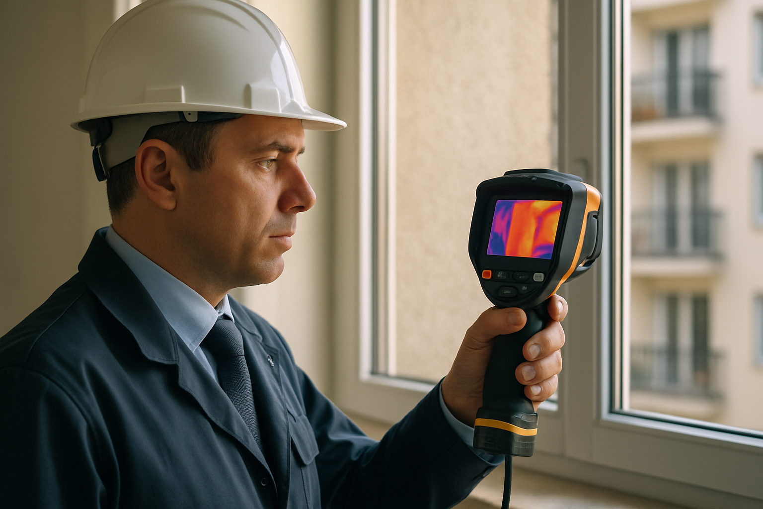 Tecnico che esegue una diagnosi energetica in un condominio con termocamera