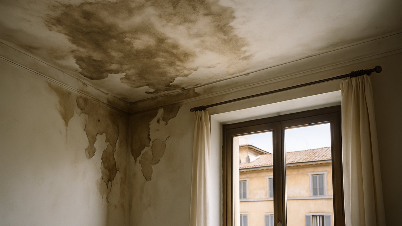 Macchie di umidità sul soffitto di un appartamento causate da infiltrazioni dal lastrico solare sovrastante