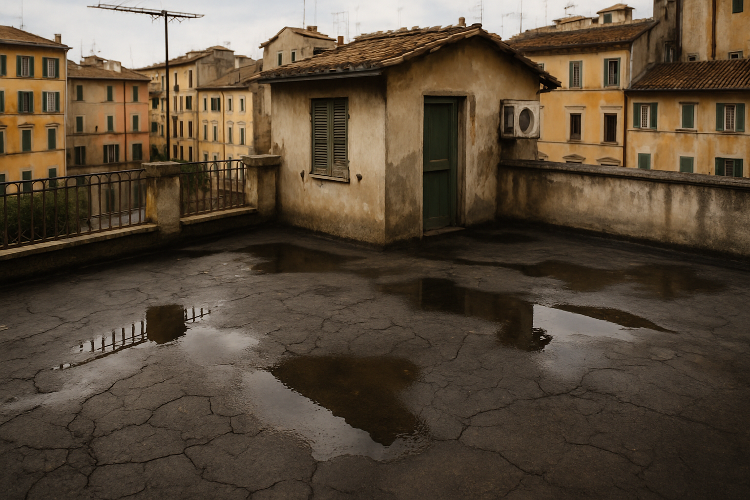 Terrazza condominiale con impermeabilizzazione deteriorata e ristagni d'acqua causa di infiltrazioni