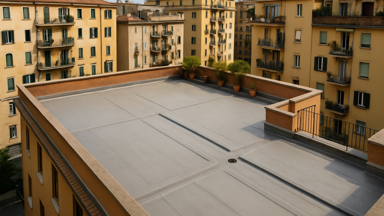 Lastrico solare di un edificio condominiale italiano visto dall'alto con superficie impermeabilizzata e canali di scolo